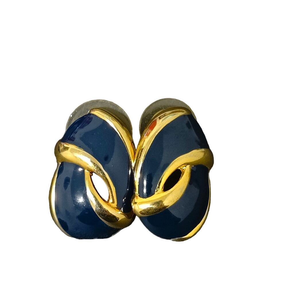 Navy Blue Gold Tone Oval Knot Twist Pierced Earrings Quiet Luxury Estate